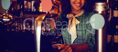 Portrait of waitress using beer tap at counter