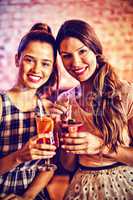 Portrait of two young women having cocktail drinks