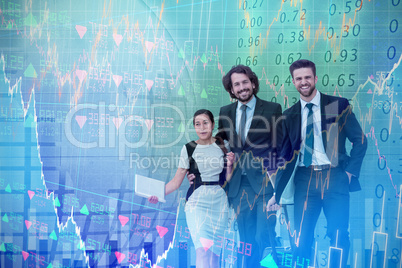 Composite image of smiling businessmen with female colleague walking against white background