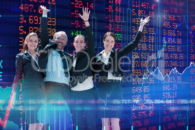 Composite image of cheerful business people standing against white background