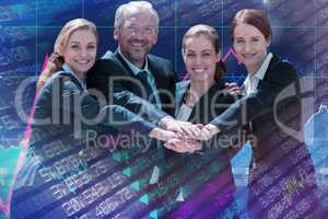 Composite image of portrait of happy business people huddling hands against white background