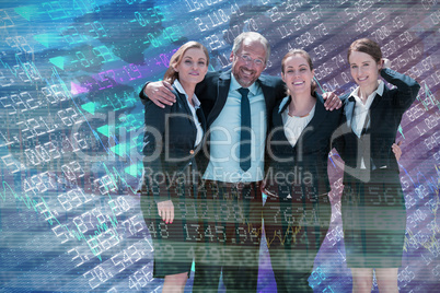 Composite image of business people with arms around standing against white background