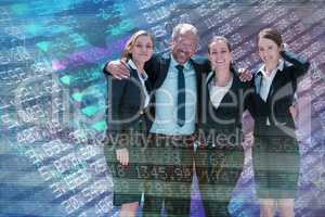 Composite image of business people with arms around standing against white background