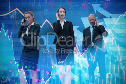 Composite image of business people talking on mobile phone against white background