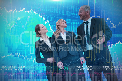 Composite image of businessman talking to female colleagues against white background