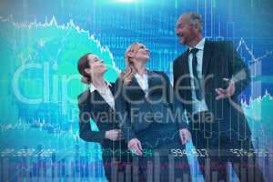 Composite image of businessman talking to female colleagues against white background