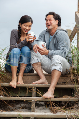 Asian Man Woman Romantic Couple on Beach Steps