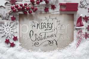 Red Christmas Decoration, Snow, Calligraphy Merry Christmas