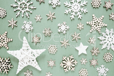 Flat Lay, Wooden Christmas Decoration, Bright Snowflakes, Lights