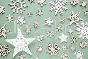 Flat Lay, Wooden Christmas Decoration, Bright Snowflakes, Lights