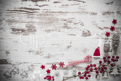 Flat Lay, White Wooden Background, Copy Space, Christmas Decoration
