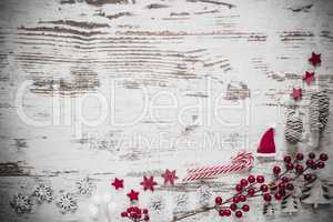 Flat Lay, White Wooden Background, Copy Space, Christmas Decoration