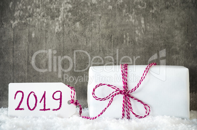 White Christmas Gift, Snow, Label, Text 2019, Red Ribbon
