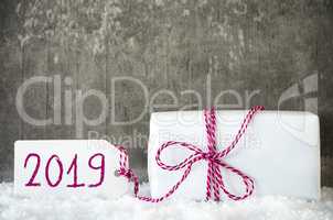 White Christmas Gift, Snow, Label, Text 2019, Red Ribbon