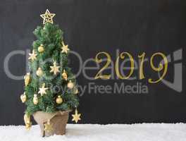 Green Christmas Tree, Text 2019, Black Concrete Background