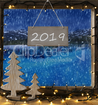Window, Winter Scenery With Snowy Lake, Text 2019