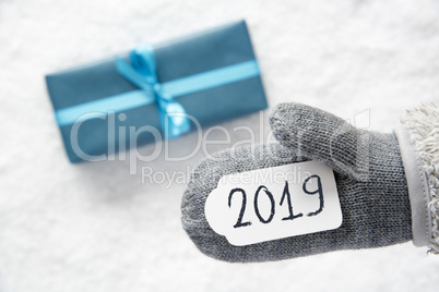 Turquoise Gift, Gray Glove, Text 2019, Snow Background