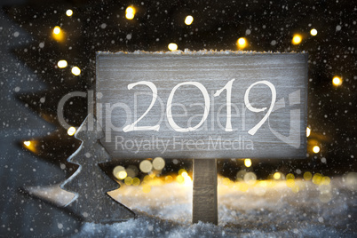 White Christmas Tree, Wooden Sign With Text 2019, Snowflakes