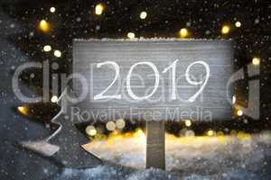 White Christmas Tree, Wooden Sign With Text 2019, Snowflakes