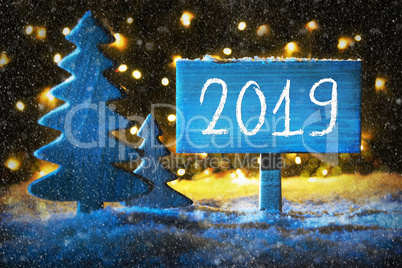 Blue Christmas Tree, Text 2019, Snowflakes, Background With Lights