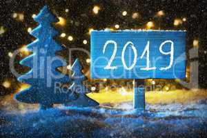 Blue Christmas Tree, Text 2019, Snowflakes, Background With Lights