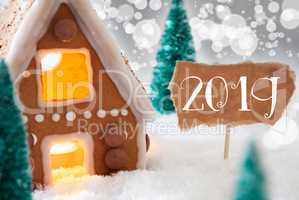 Gingerbread House, Silver Bokeh Background, Text 2019, Snow