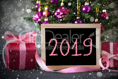 Tree With Pink Gifts, Snowflakes, Bokeh, Text 2019