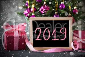 Tree With Pink Gifts, Snowflakes, Bokeh, Text 2019