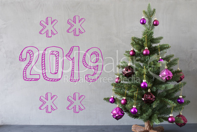 Christmas Tree, Pink Ornaments, Cement Wall, Text 2019