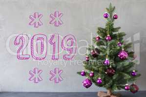 Christmas Tree, Pink Ornaments, Cement Wall, Text 2019