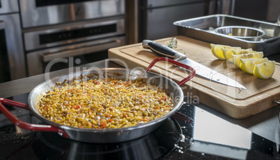 Semi-finished paella, ready for adding seafood