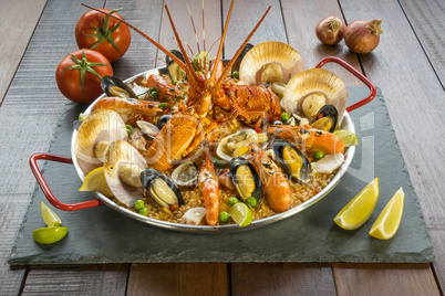 Paella with fresh lobster, scallops, mussels and prawn