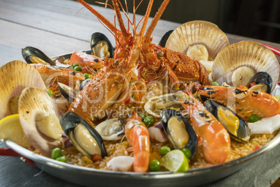 Paella with fresh lobster, scallops, mussels and prawn