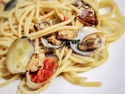 Spaghetti with tiny baby clams in the shell.