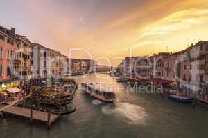 Sunset at Grand Canal, Venice. View from Ponte di Rialto