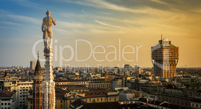 Skyline of Milan, Italy at sunset. View from the Roof Terrance o