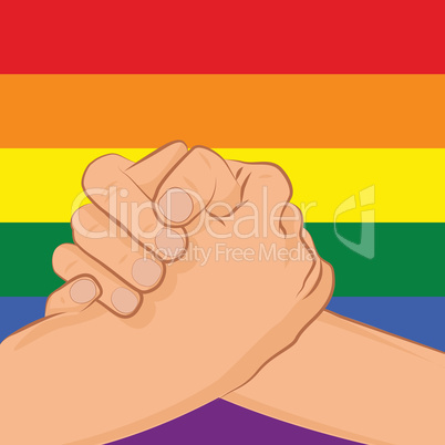 Gay couple holding hands, patterned as the rainbow flag vector