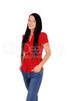 Beautiful woman standing in red blouse