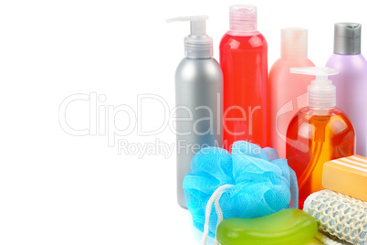 Shampoo, soap and bath sponge isolated on white background. Free