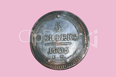 1805 Russia 5 KOPEKS COIN isolated on pink