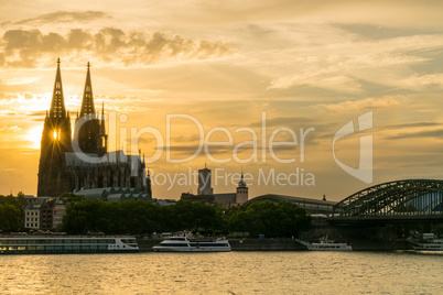 Sunset Behind Cologne Cathedral on the River Rhine, Germany