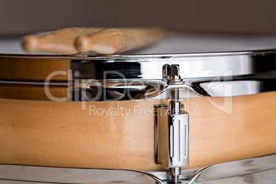 Close up of a wooden snare drum