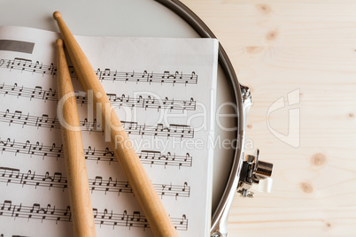Music score and drumsticks over a snare drum