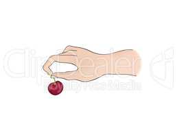 Cherry on top. Hand holding berry. Dessert sign. Bonus icon