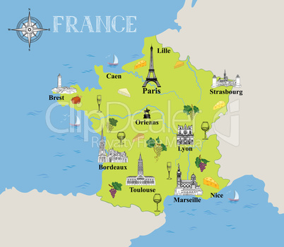 Touristic map of France. Travel gastronomic destination background
