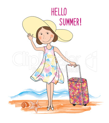 Summer travel card background, lettering HELLO SUMMER, happy girl