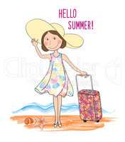 Summer travel card background, lettering HELLO SUMMER, happy girl