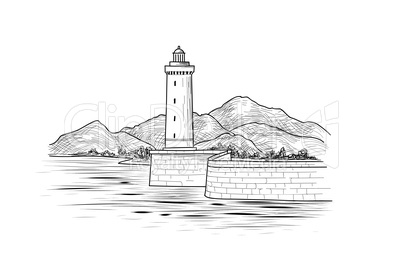 Lighthouse seascape. Seaside view. Landscape: sea, mountains