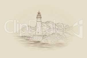 Lighthouse seascape. Seaside view. Landscape: sea, mountains