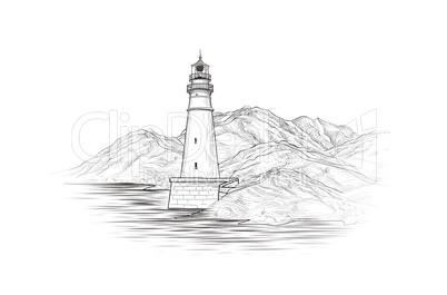 Lighthouse seascape. Seaside view. Landscape: sea, mountains